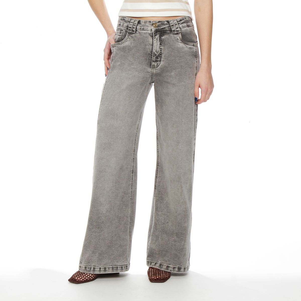 WADOS - JEANS WIDE LEG TIRO ALTO COSTADILLOS PRETINA BASICA 1 BOTON