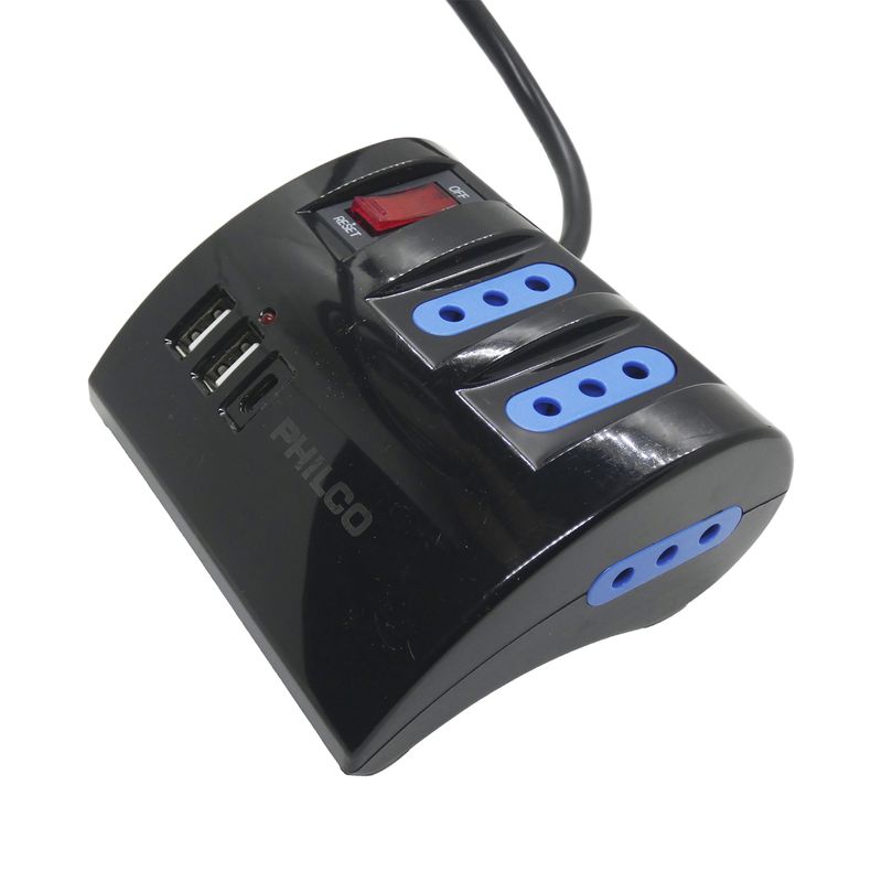 PHILCO - Zapatilla electrica 3 tomas y USB negro 2mts philco sec