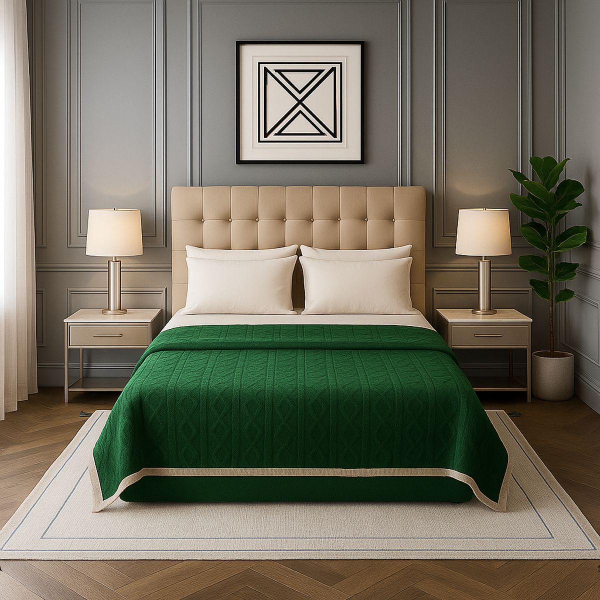 ARMONIA - Frazada Sherpa verde patrón geométrico 160x220 extra acolchada living Chile