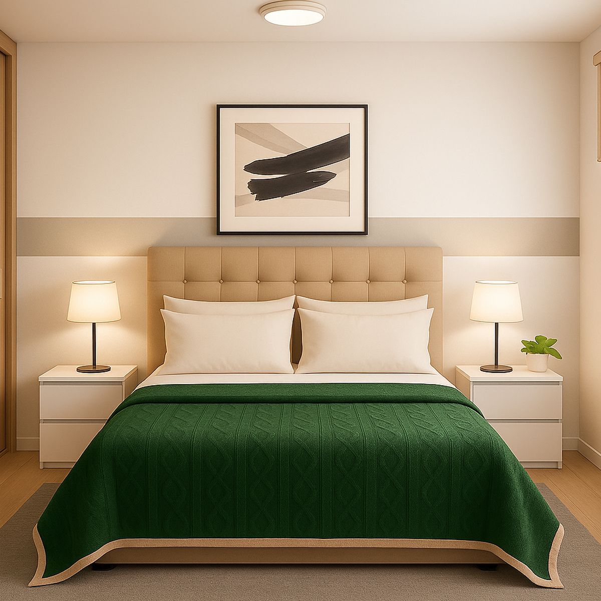 ARMONIA - Cobija Sherpa verde diseño geométrico 160x220 microfibra abrigadora premium