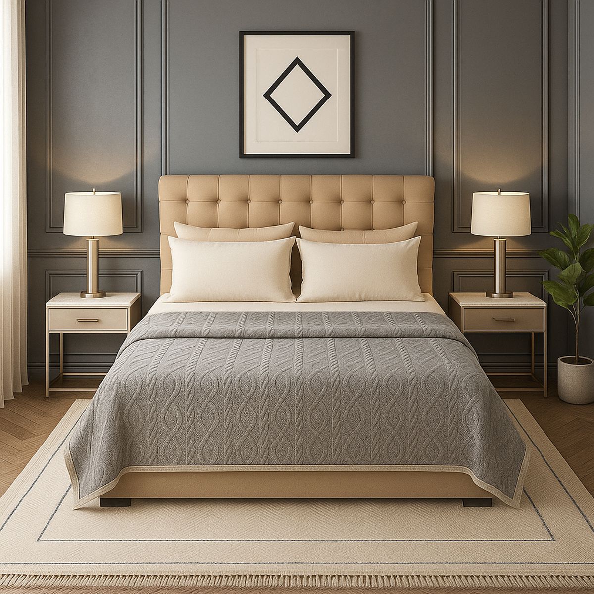 ARMONIA - Frazada Sherpa gris 160x220 patrón geométrico doble faz dormitorio