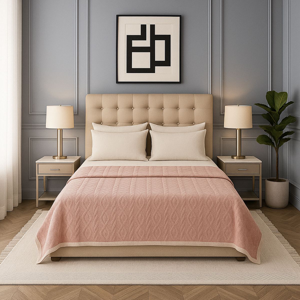 ARMONIA - Frazada Sherpa rosa palo 160x220 patrón geométrico doble faz dormitorio