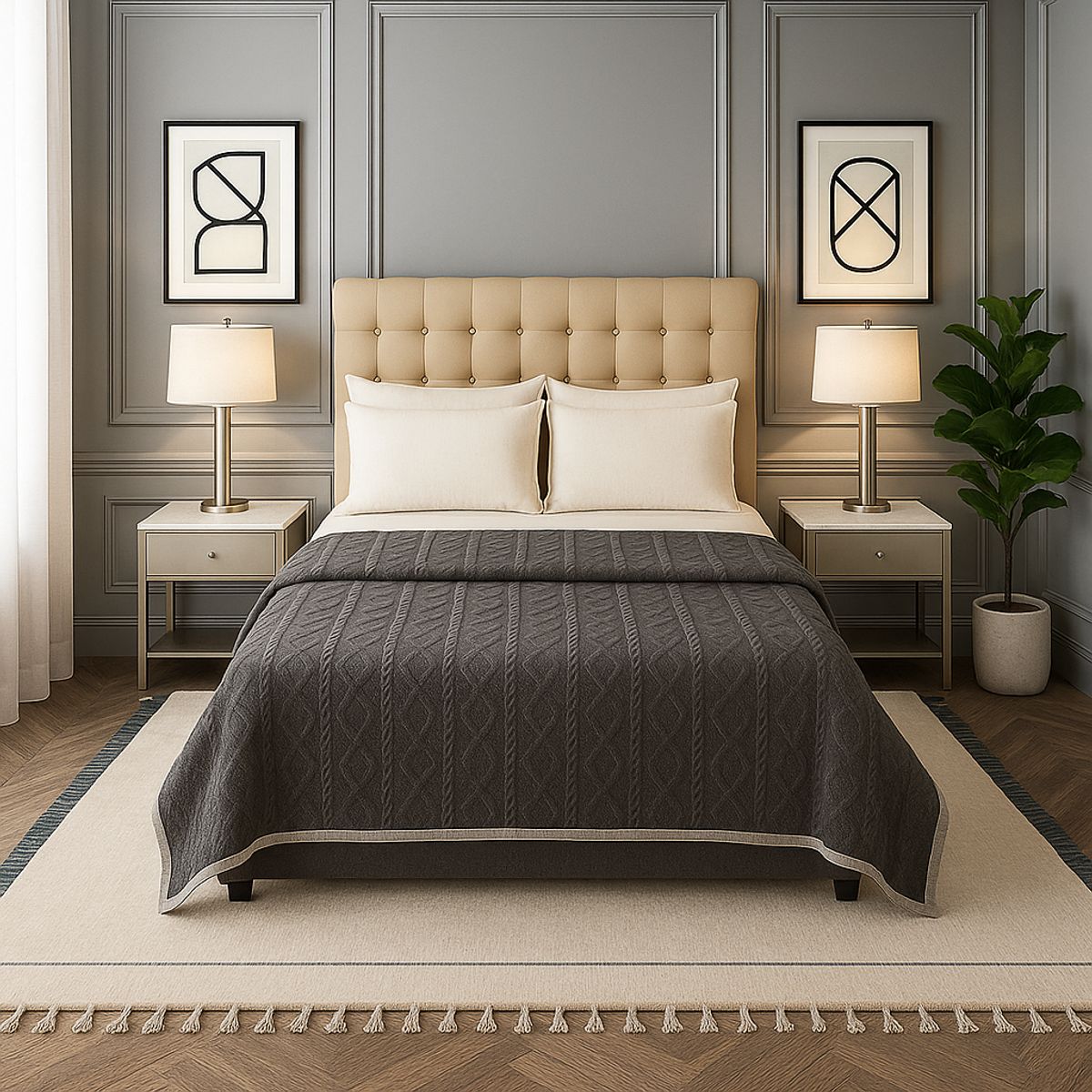 ARMONIA - Cobertor polar Sherpa gris oscuro geométrico 160x220 extra suave living CL