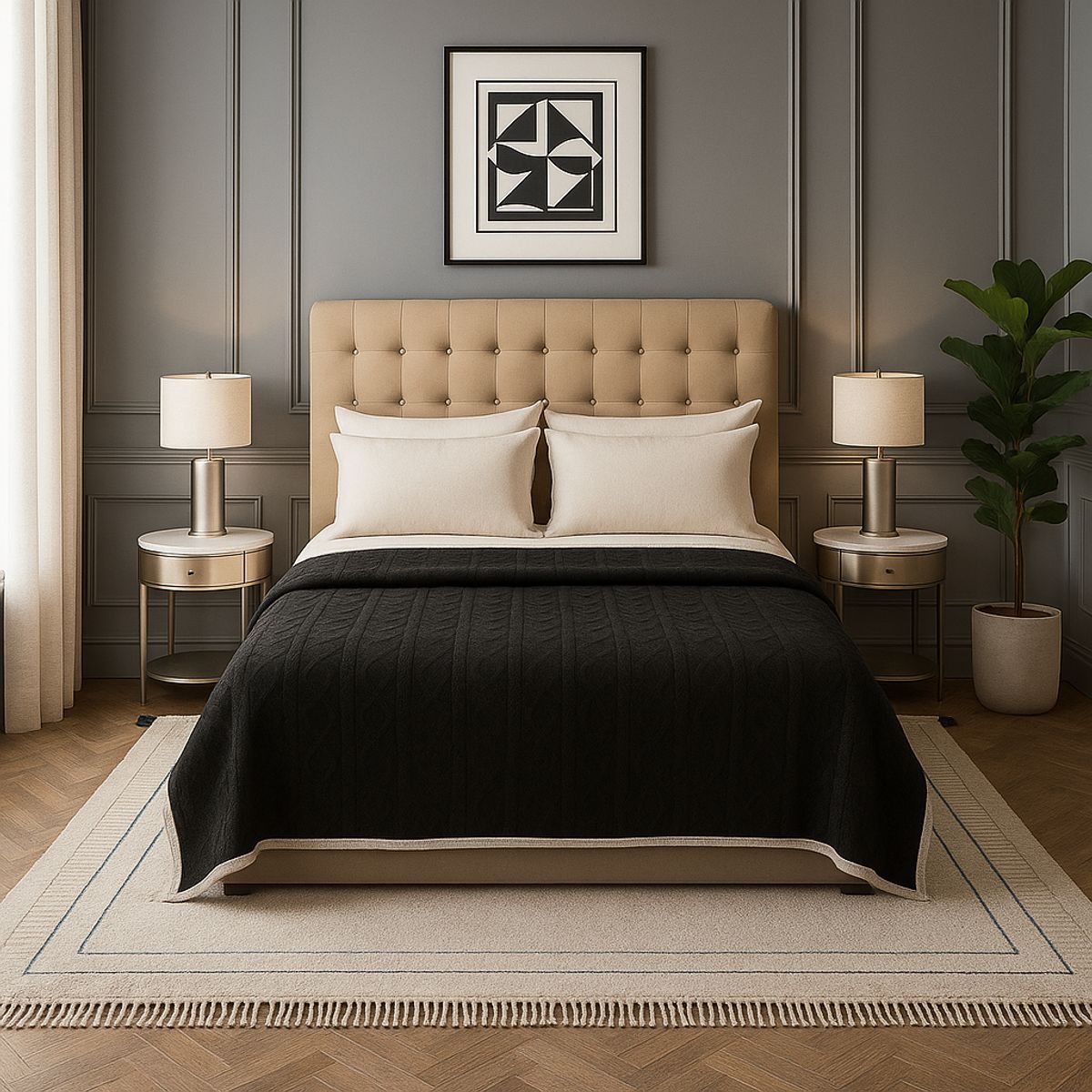 ARMONIA - Cobertor polar Sherpa negro geométrico 160x220 extra suave living CL