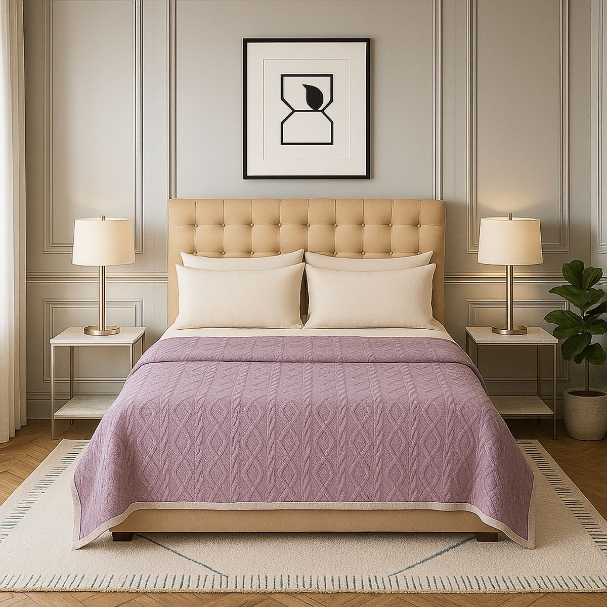 ARMONIA - Manta frazada Sherpa lila geométrica extra suave polar dormitorio