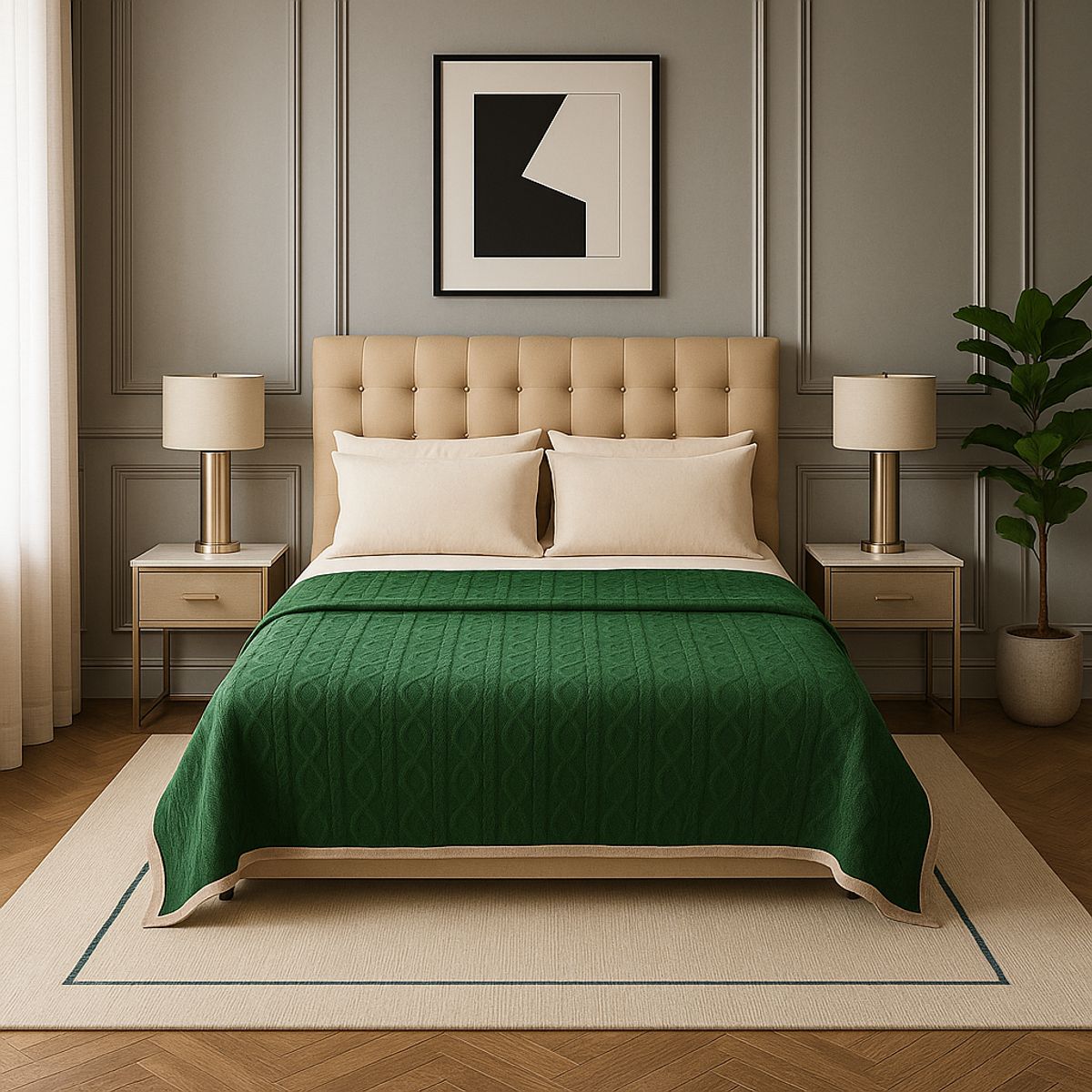 ARMONIA - Cobertor polar Sherpa 160x220 verde diseño geométrico reversible dormitorio