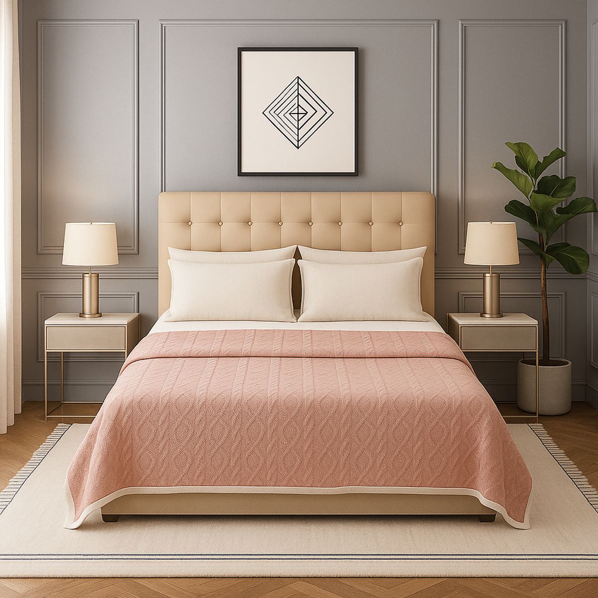ARMONIA - Manta Sherpa rosa palo diseño geométrico 160x220 ultra suave cama sofá