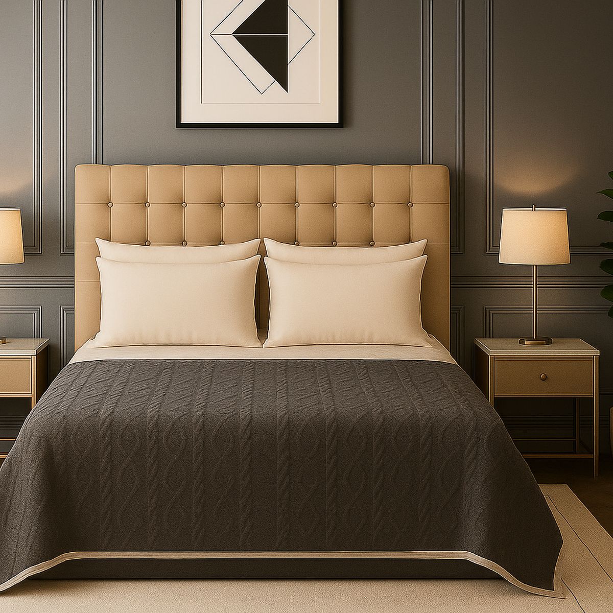 ARMONIA - Cobija Sherpa gris oscuro 160x220 diseño geométrico microfibra premium