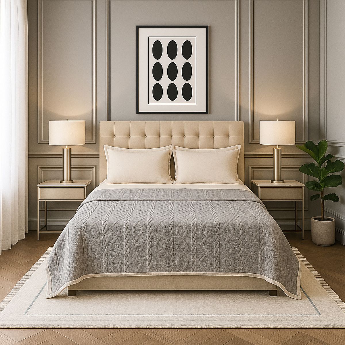 ARMONIA - Manta Sherpa gris diseño geométrico 160x220 ultra suave cama sofá