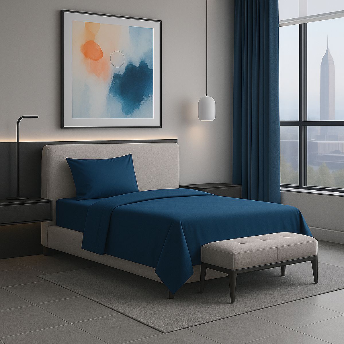 ARMONIA - Juego de Sábanas Signature 800 Hilos Azul Plaza y Media Suaves