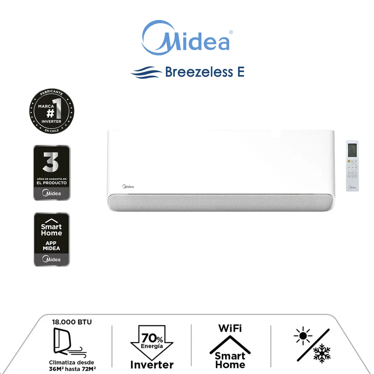 MIDEA - Aire Acondicionado Midea 9.000 BTU - Inverter Breezeless Wifi