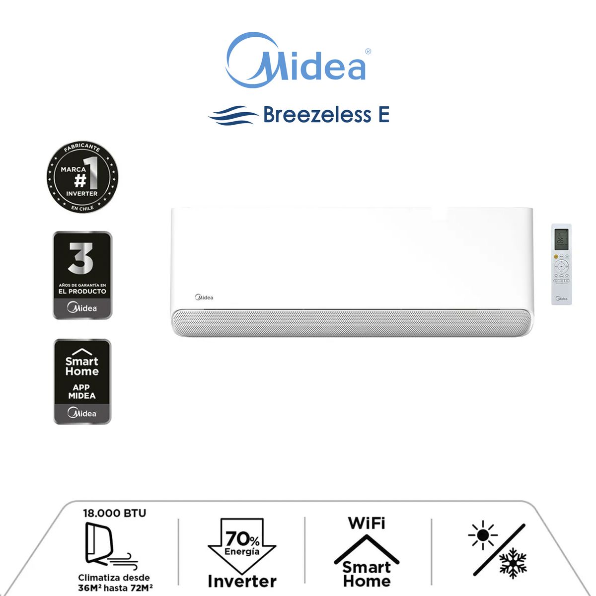 MIDEA - Aire Acondicionado Midea 12.000 BTU - Inverter Breezeless Wifi