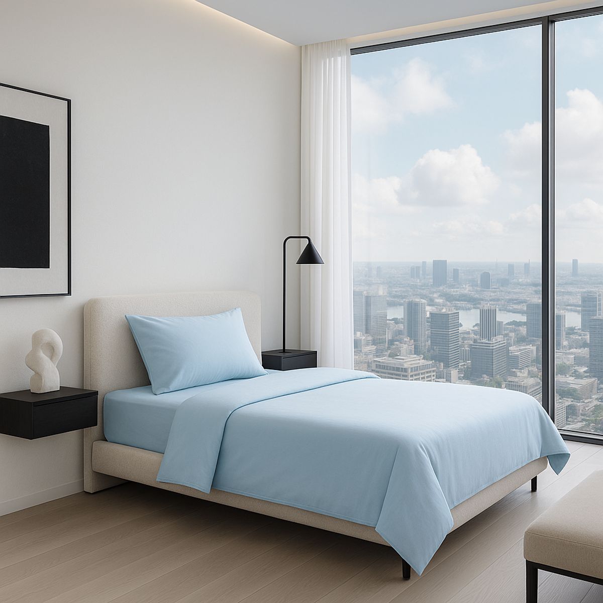 ARMONIA - Set de Sábanas Signature 800 Hilos Azul Plaza y Media Algodón