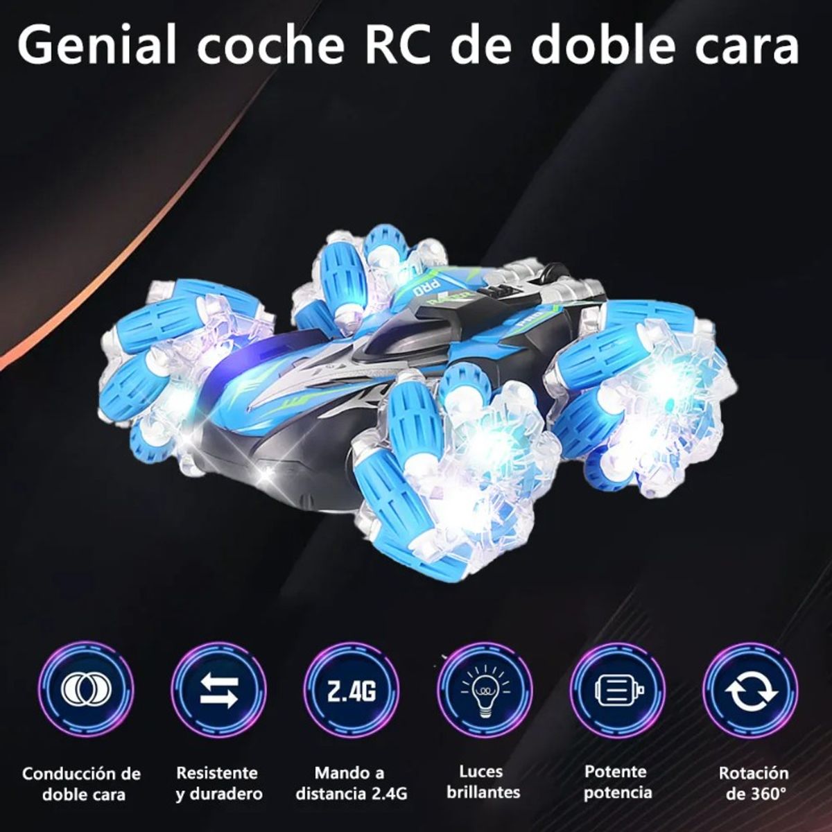 GIOIO - Vehículo De Juguete Rc Coches Con Led Y Efectos Sonoros 360 ° Doble Giro Lateral Coche Teledirigido Regalos Para Niños Recargable Carritos Control Remoto Azul