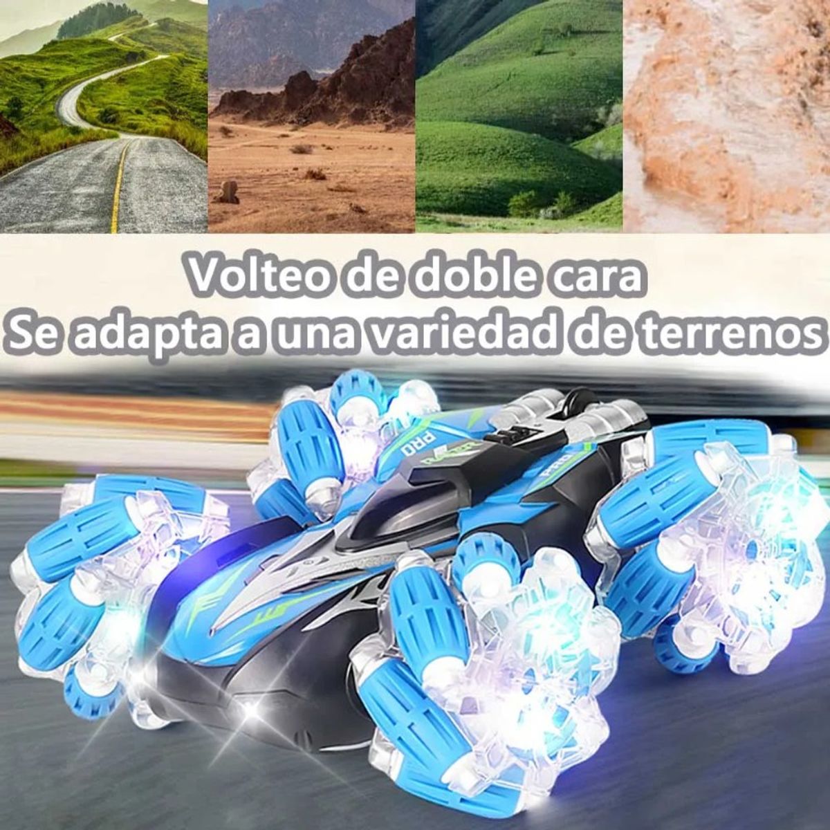 GIOIO - Vehículo De Juguete Rc Coches Con Led Y Efectos Sonoros 360 ° Doble Giro Lateral Coche Teledirigido Regalos Para Niños Recargable Carritos Control Remoto Azul