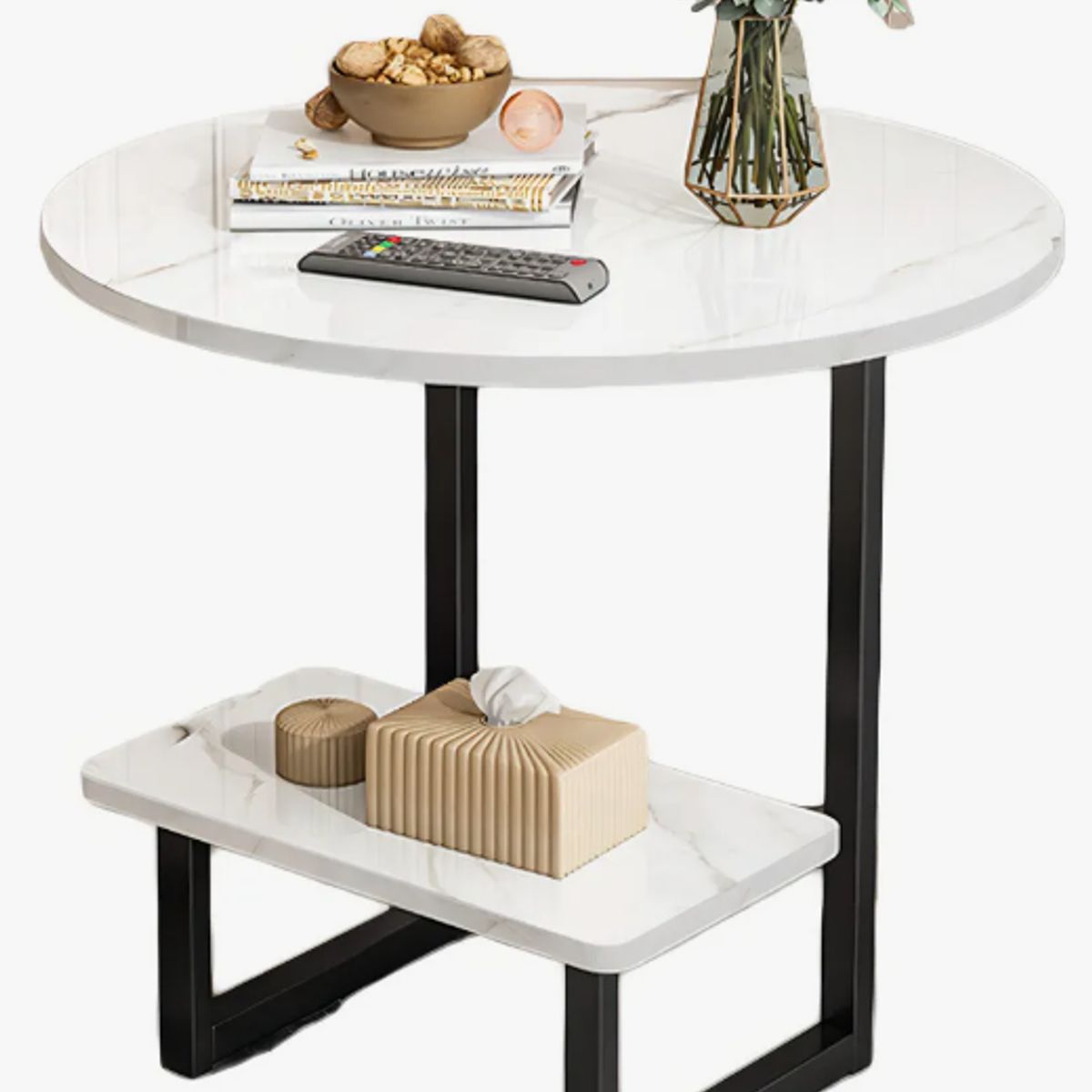 GENERICO - Mesa de centro redondo de fierro y madera living vanguardia blanca