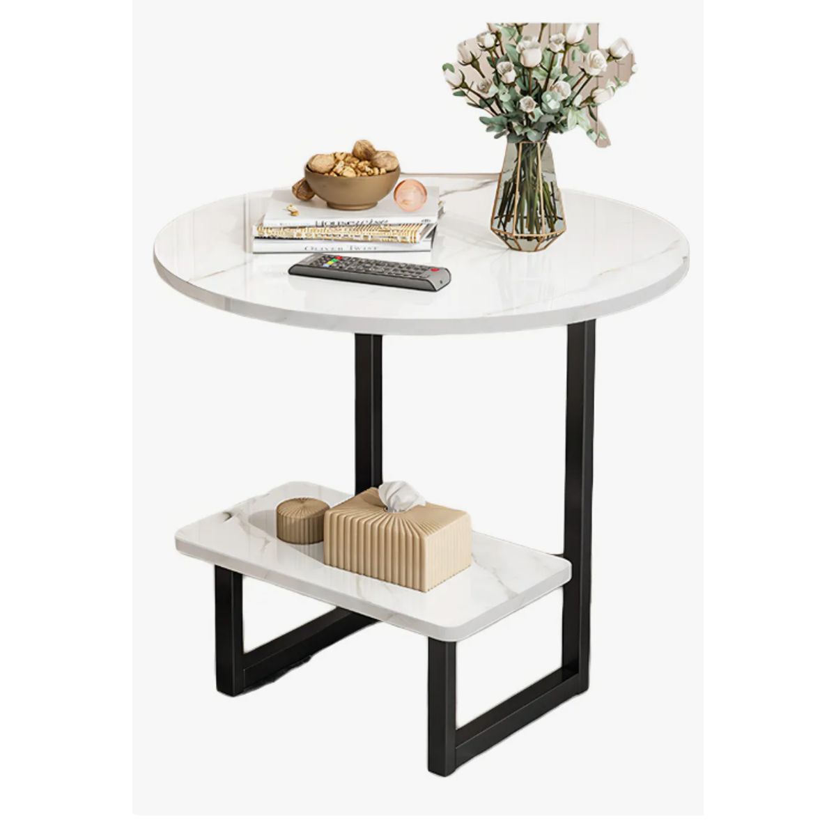 GENERICO - Mesa de centro redondo de fierro y madera living vanguardia blanca