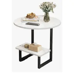 GENERICO - Mesa de centro redondo de fierro y madera living vanguardia blanca