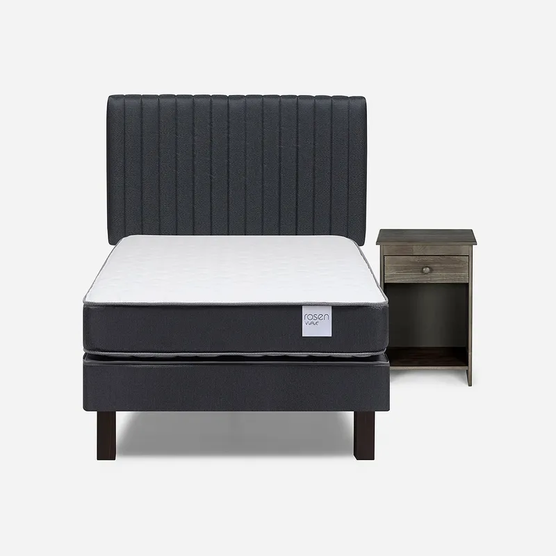 ROSEN - Cama Europea Wave 1,5 Plazas +Respaldo Lucio Grafito+Velador