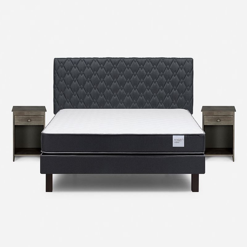 ROSEN - Cama Europea Wave 2 Plazas + Respaldo Ivar Grafito+Veladores