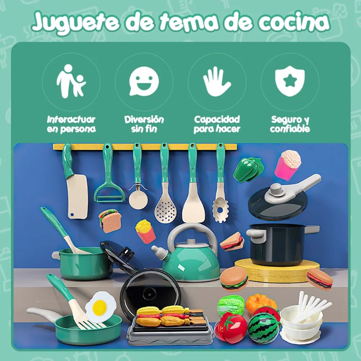 GIOIO - Juego De Cocina Para Niños Con Sartenes Utensilios 83 Pcs Color Verde