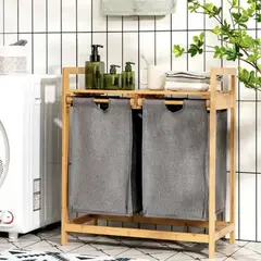 SANTU HOME & DECO - Cesto Lavandería Estante Doble Bambú para Ropa Gris
