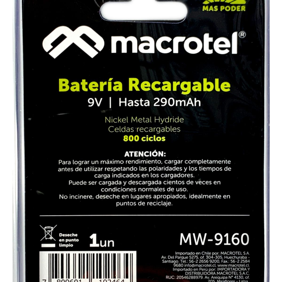 MACROTEL - Pilas Recargable Bateria De 9v/290mah Macrotel Mw-9160