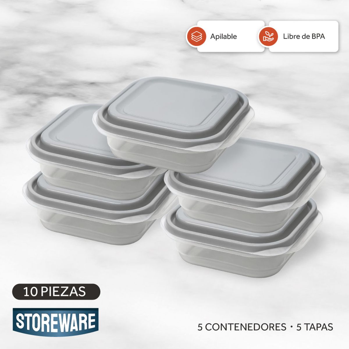STOREWARE - Contenedores 700ml Set 5 Tupper Herméticos Comida Storeware Kiosclub
