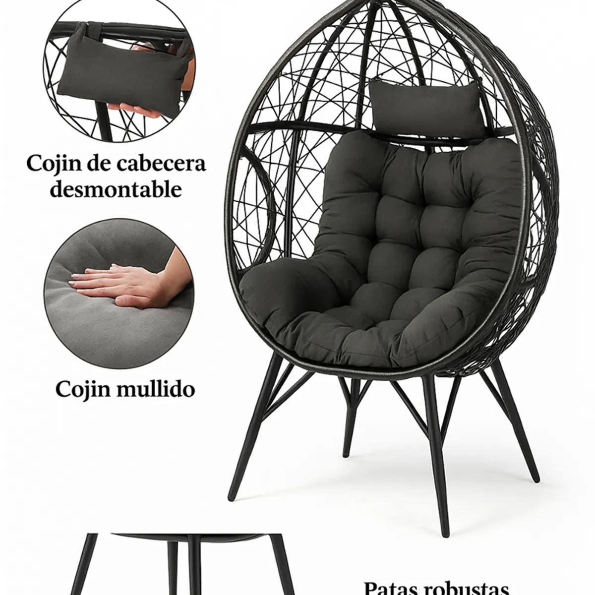 GENERICO - Sillón Huevo Diseño Moderno Interior Exterior Negro