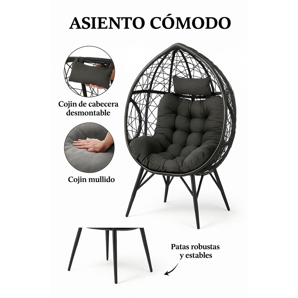 GENERICO - Sillón Huevo Diseño Moderno Interior Exterior Negro
