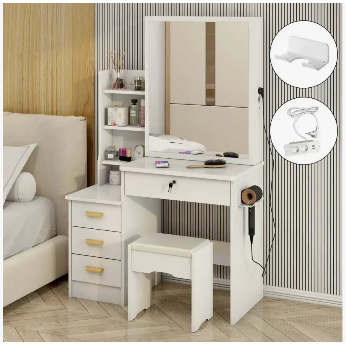 HOMER DESIGN - Tocador Con Espejo Movible Enchufe Portasecadora Y Taburete