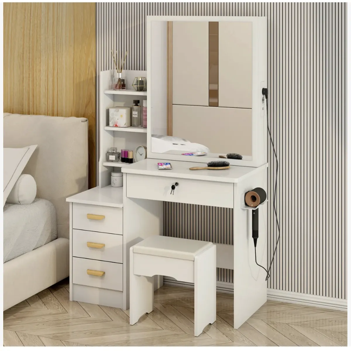 HOMER DESIGN - Tocador Con Espejo Movible Enchufe Portasecadora Y Taburete