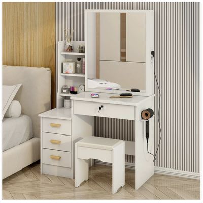 Imagen 2 del producto Tocador Con Espejo Movible Enchufe Portasecadora Y Taburete