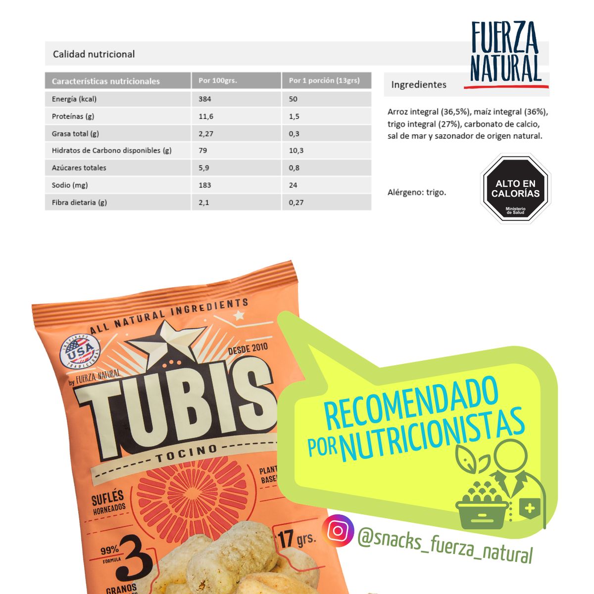 FUERZA NATURAL - Tubis 17g Tocino Snack Saludable Fuerza Natural Pack X12
