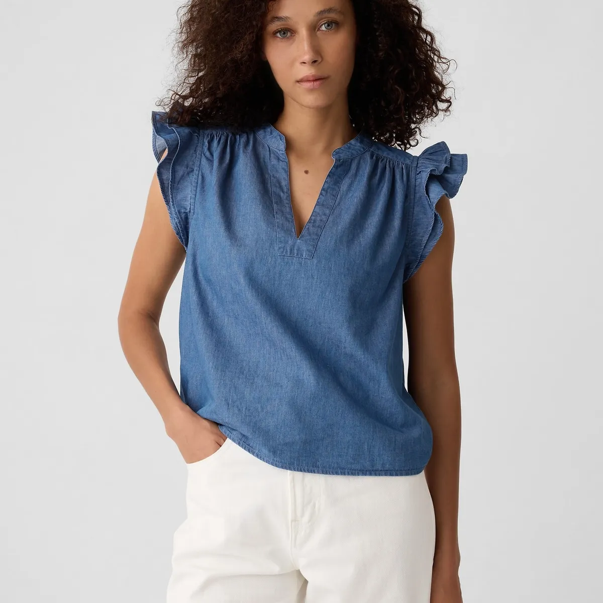 GAP - Blusa Mujer Cuello V Manga Vuelos Denim Celeste Gap