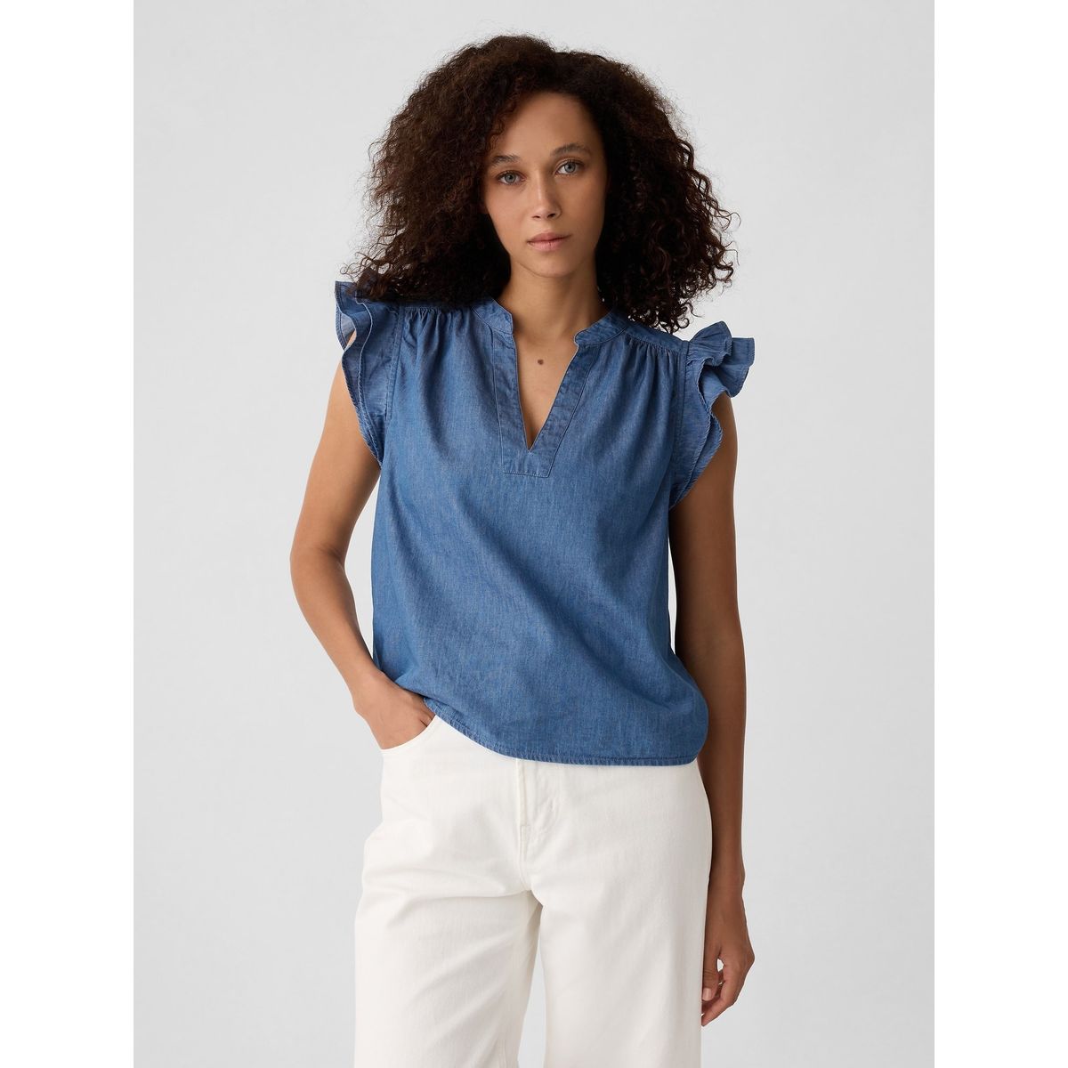 GAP - Blusa Mujer Cuello V Manga Vuelos Denim Celeste Gap