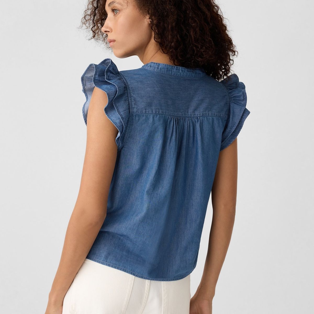 GAP - Blusa Mujer Cuello V Manga Vuelos Denim Celeste Gap
