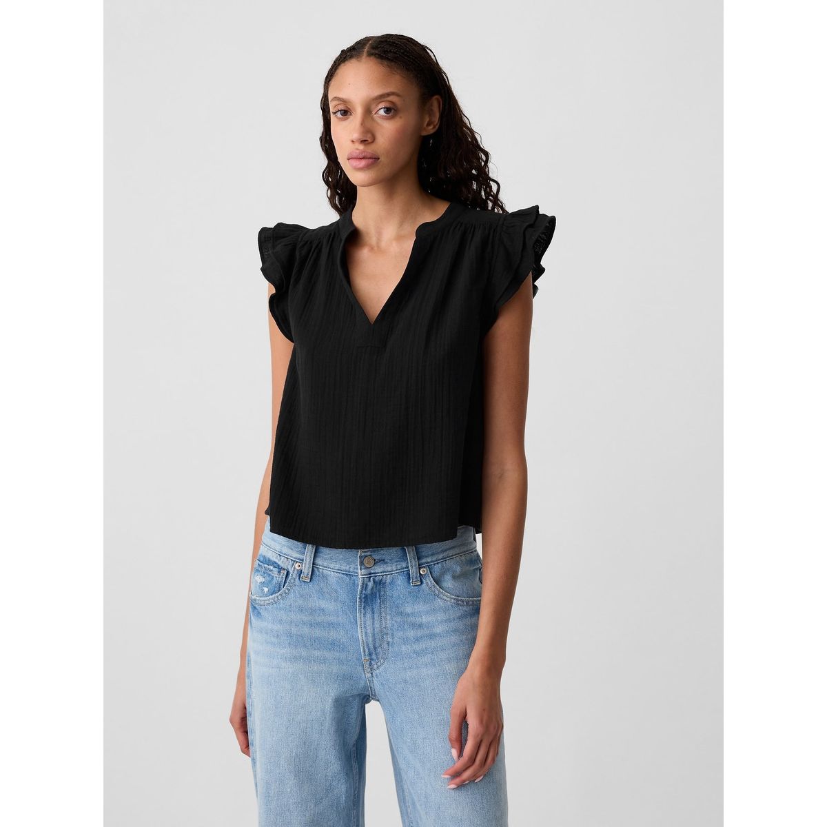 GAP - Blusa Mujer Cuello V Manga Vuelos Negro Gap