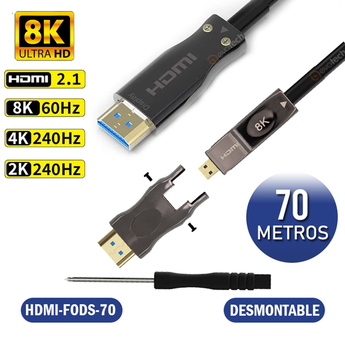 GENERICO - Cable Hdmi 8k @60hz, 48gbps V2.1 Cabeza desmontable 70 Metros