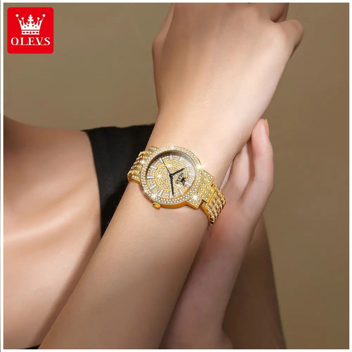 GENERICO - Reloj de Lujo Dorado para Mujer Cuarzo Cristales en Esfera y Pulsera