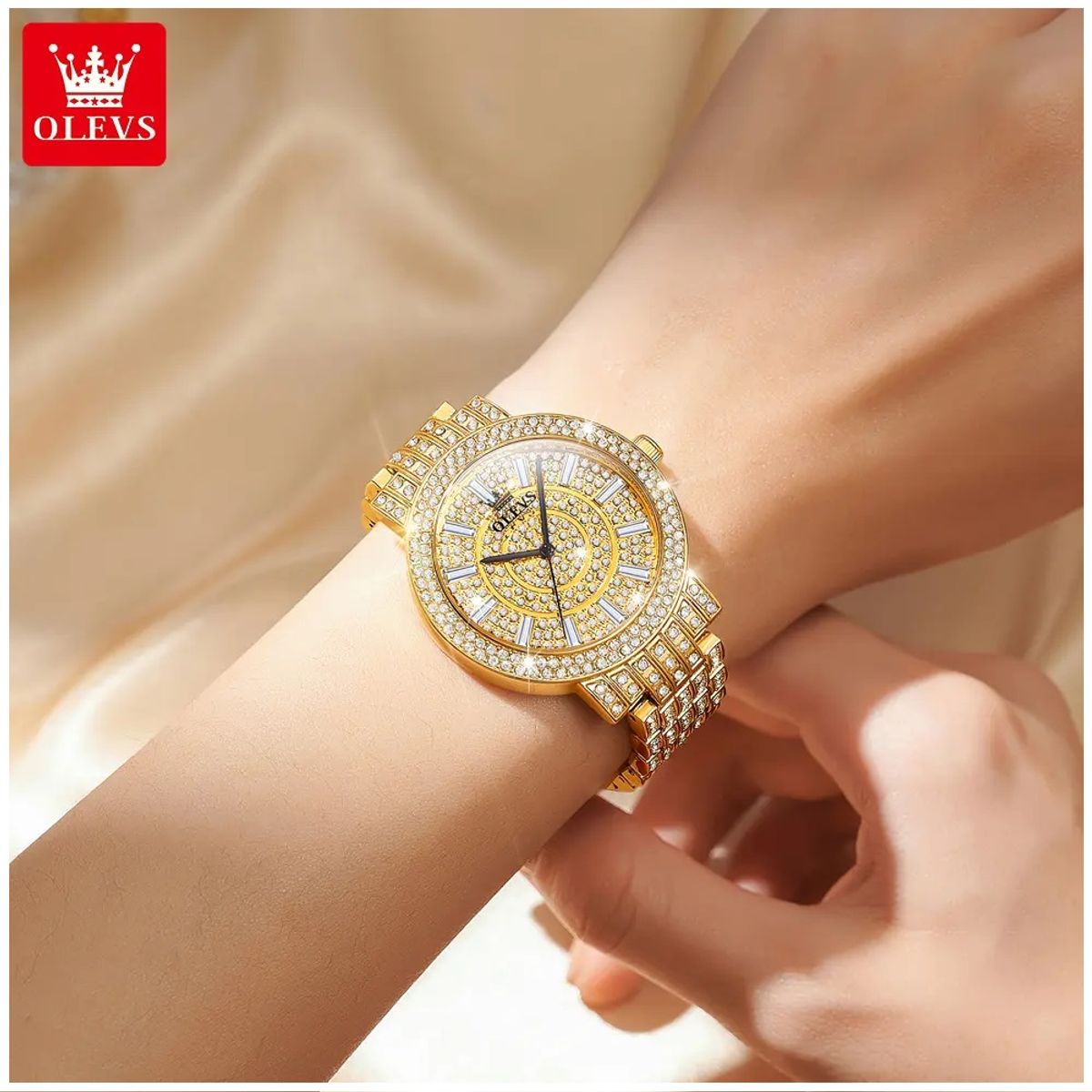 GENERICO - Reloj de Lujo Dorado para Mujer Cuarzo Cristales en Esfera y Pulsera