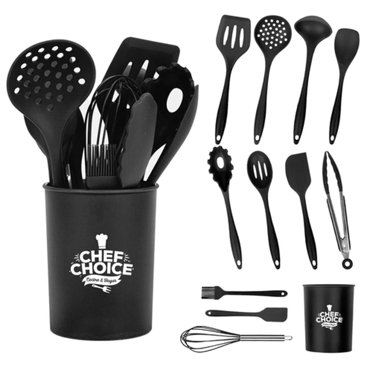 GENERICO - Set de 12 Utensilios de Cocina de Silicona Antiadherentes Negro