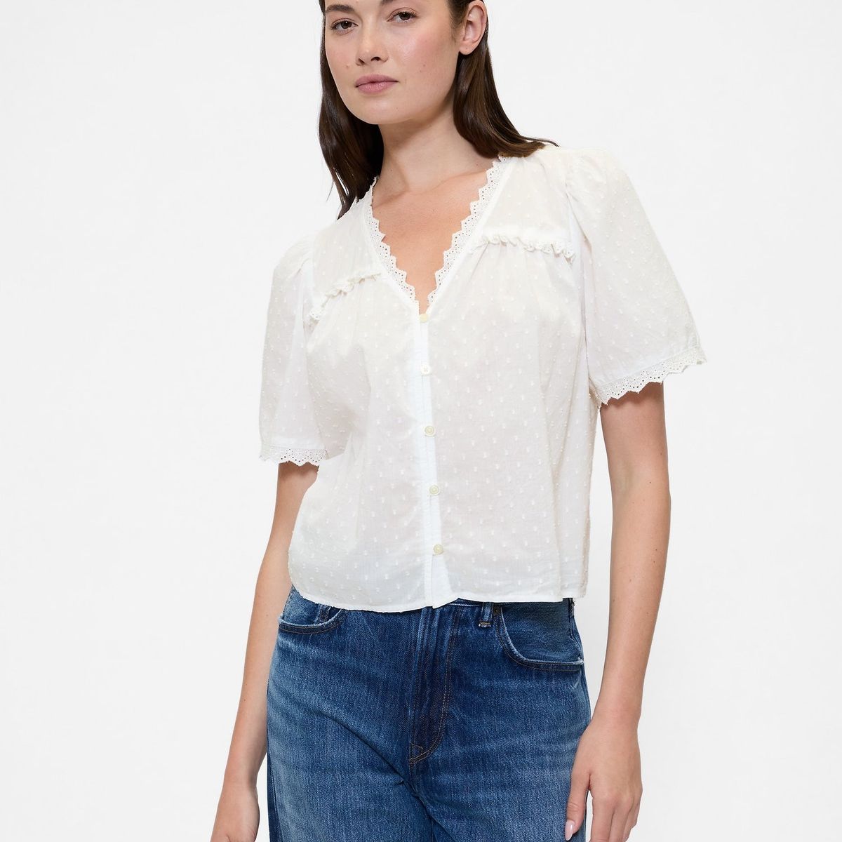 GAP - Blusa Mujer Ruffle Manga Corta Blanco Gap