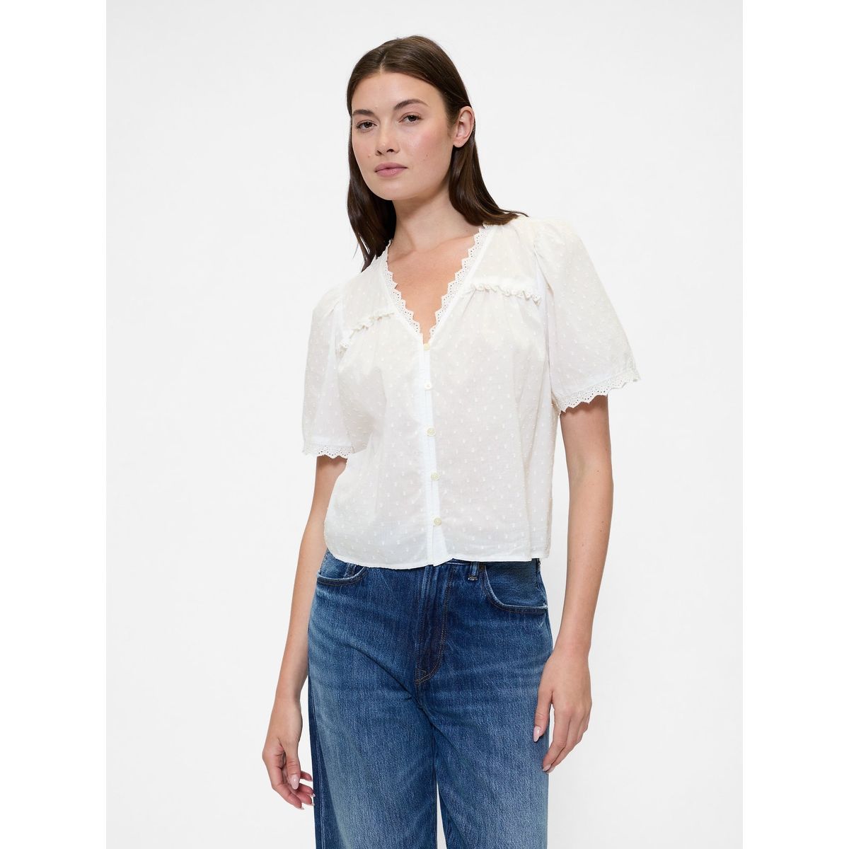 GAP - Blusa Mujer Ruffle Manga Corta Blanco Gap