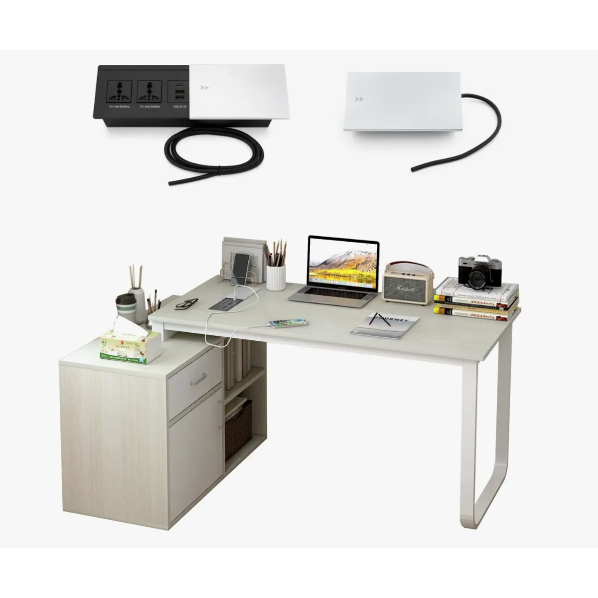 HOMER DESIGN - Escritorio Con Enchufe Con Tapa Integrado Forma L Usb+usb-c…