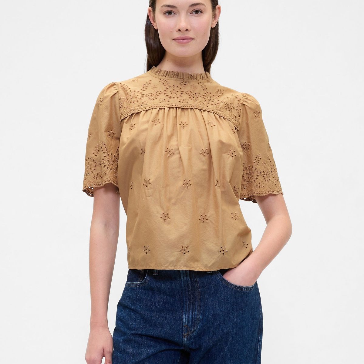 GAP - Blusa Mujer Eyelet Manga Corta Café Gap