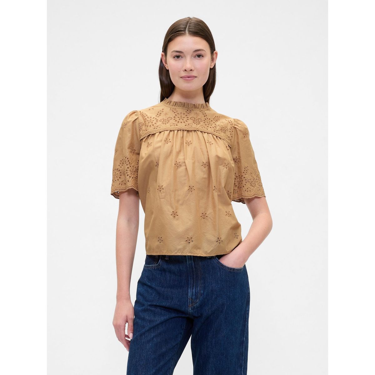 GAP - Blusa Mujer Eyelet Manga Corta Café Gap
