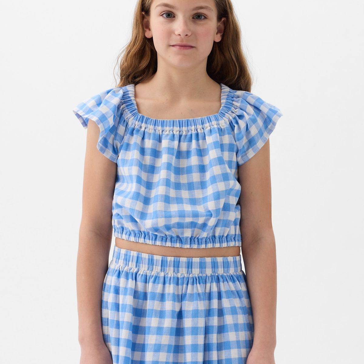 GAP - Blusa Niña Manga Con Vuelos Cuadros Azul Gap