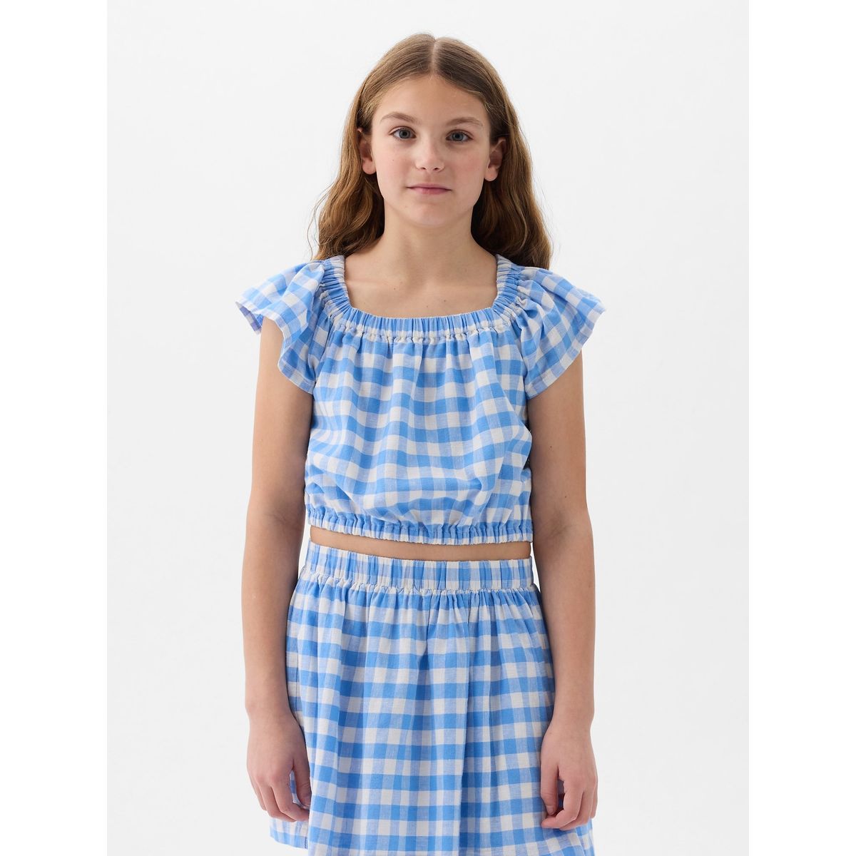 GAP - Blusa Niña Manga Con Vuelos Cuadros Azul Gap