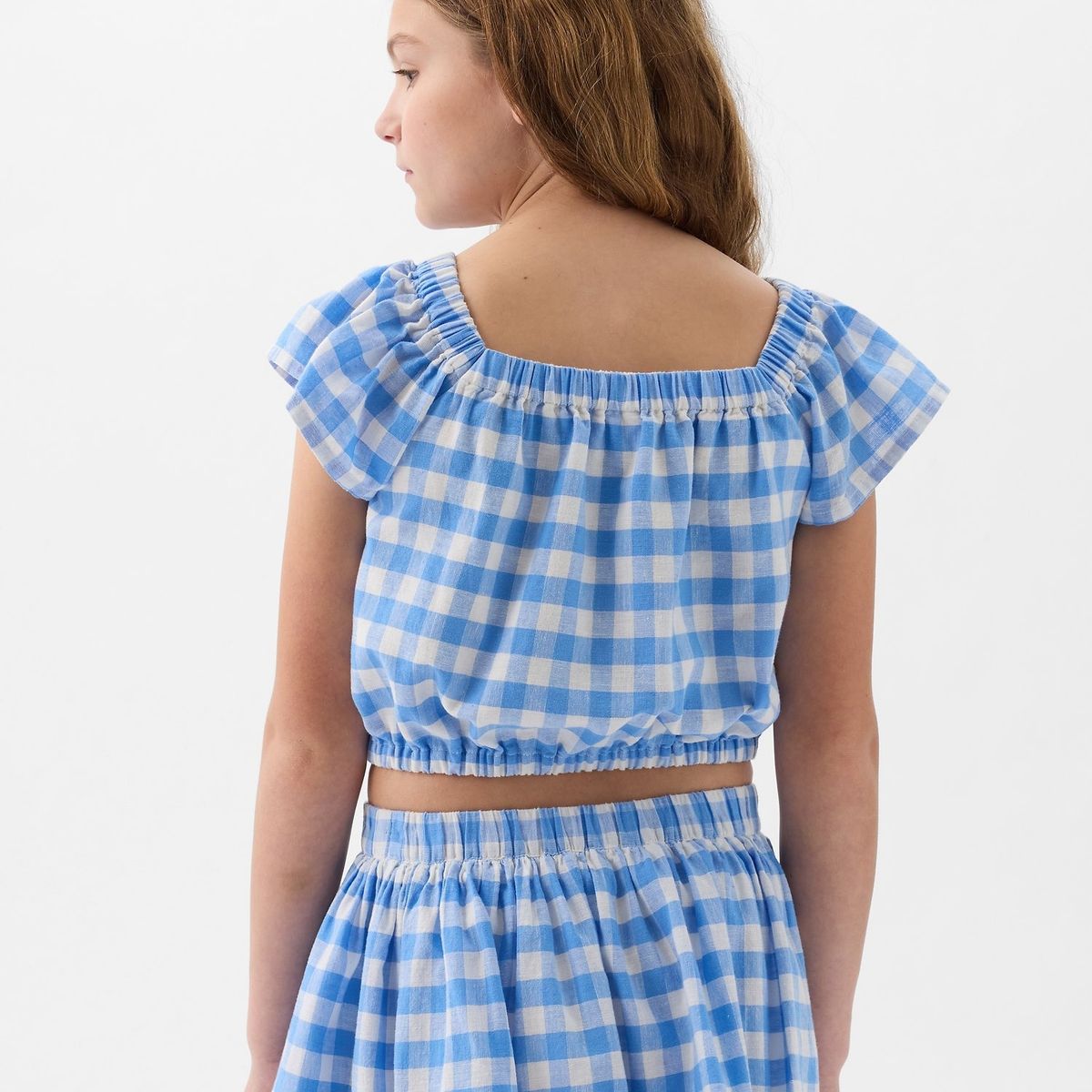 GAP - Blusa Niña Manga Con Vuelos Cuadros Azul Gap